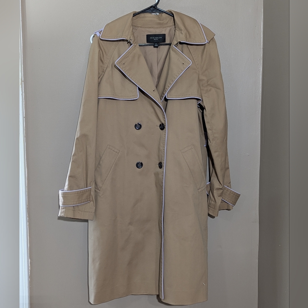 Ann Taylor Women's Petite Tipped Twill Trenchcoat, Size:MP, Color:Tan&Purple